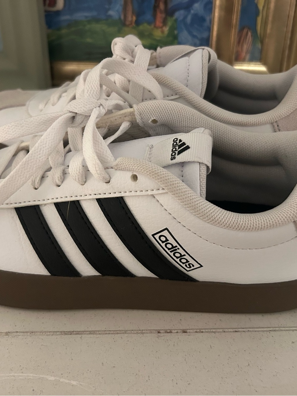 adidas White Sneakers with Black Stripes and Brown Outsole worn once